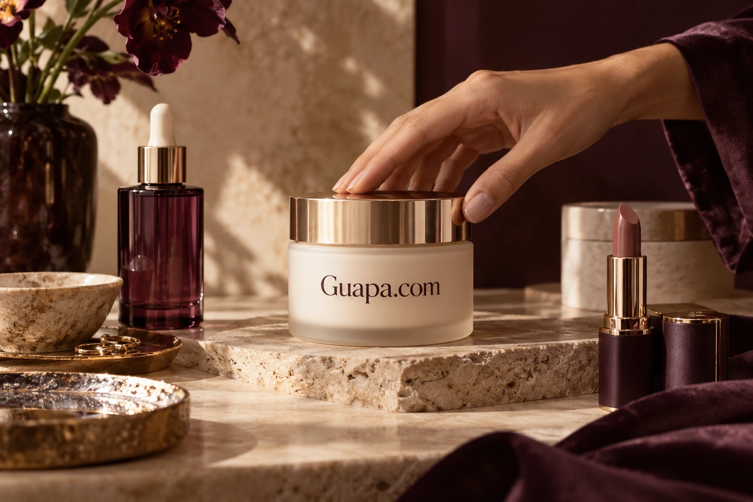 Plum cosmetics and tactile stone in warm window light