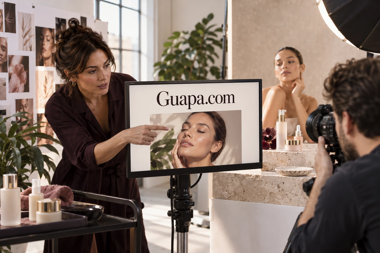 Illustrative a spanish-language beauty publication scene with Guapa.com branding